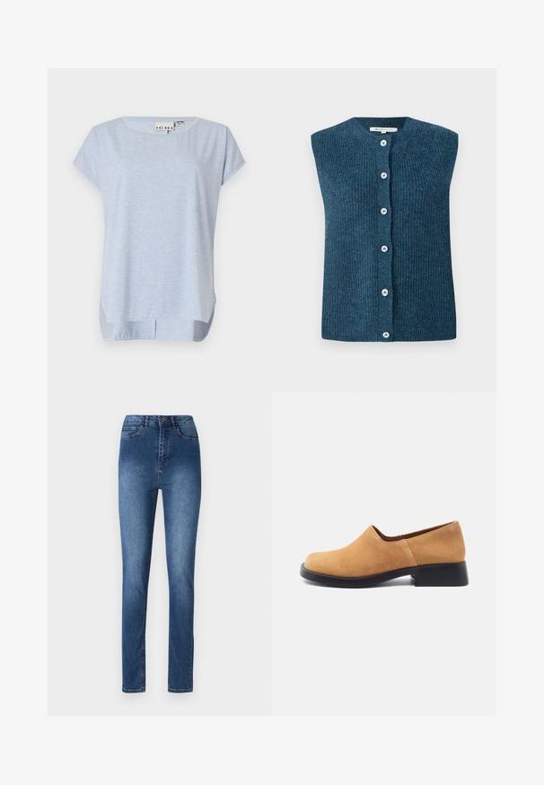 TOM TAILOR DENIM SOFT VEST - Vest - dark sea petrol; Hele sinine lühikeste varrukatega pluus, mis on valmistatud pehmest kangast, ümmarguse kaelusega ja lõdva istuvusega; allääres on külgedel lõhesid.; Sinine teksapüksid kitsas lõikes, keskmise kõrgusega vöökoht, viis taskut ja delikaatsed õmbluse detailid. Sile tekstuur ja klassikaline disain.; Tan värvi seemisnahast libisev king madala musta plokktallaga ja ümarate varvastega, külgvaates valgel taustal.