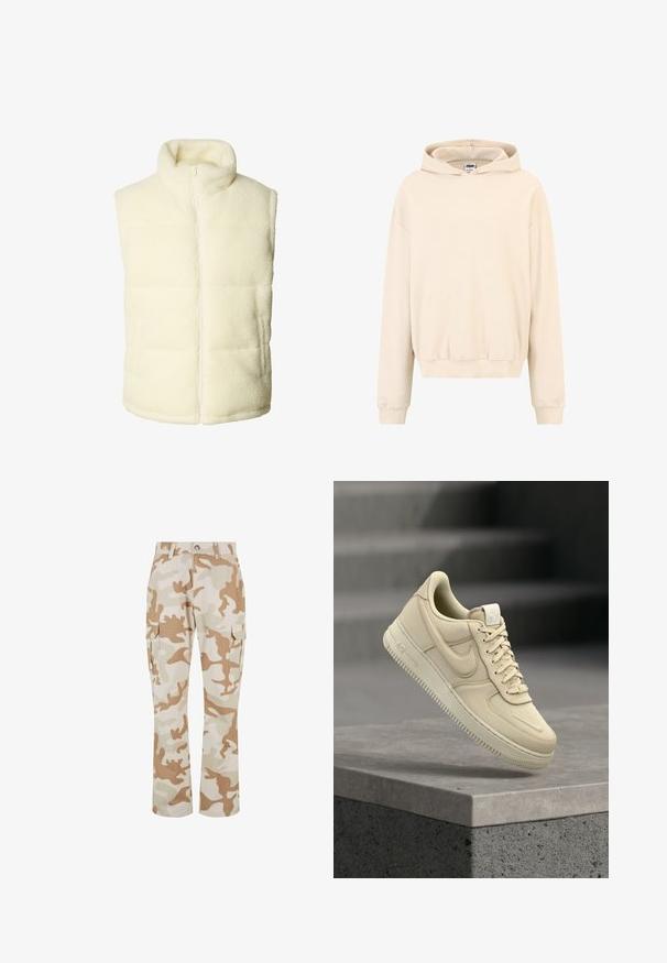 Veste sans manches en polaire couleur crème avec col haut et fermeture éclair à l'avant, présentant un tissu doux et texturé ainsi que des poches latérales.; Haut à capuche couleur crème avec une texture côtelée, poche kangourou, capuche avec cordon de serrage et poignets élastiques, offrant une coupe décontractée.; Pantalons cargo beige en camouflage avec poches latérales, fabriqués en tissu à la texture lisse, présentant une coupe droite et une fermeture à bouton.; Baskets Nike Air Force 1 beige flottant au-dessus d'un rebord en béton gris avec un escalier flou en arrière-plan.
