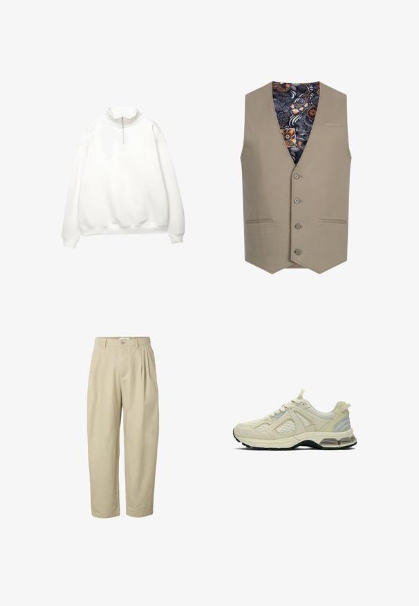 Beige vest med V-udskæring, fem frontknapper og to lommer. Inderforet har et farverigt blomster- og paisley-mønster.; Hvid langærmet pullover med ribstrikkede manchetter og kant, med høj krave og forreste kvart-lynlås.; Beige bomuldsbukser med høj talje med knap- og lynlås, bæltestropper, plisseringer foran og lige ben.; Beige og lysegrå atletiksko med meshpaneler, snørelukning, polstret mellemsål og tekstureret gummiydersål.