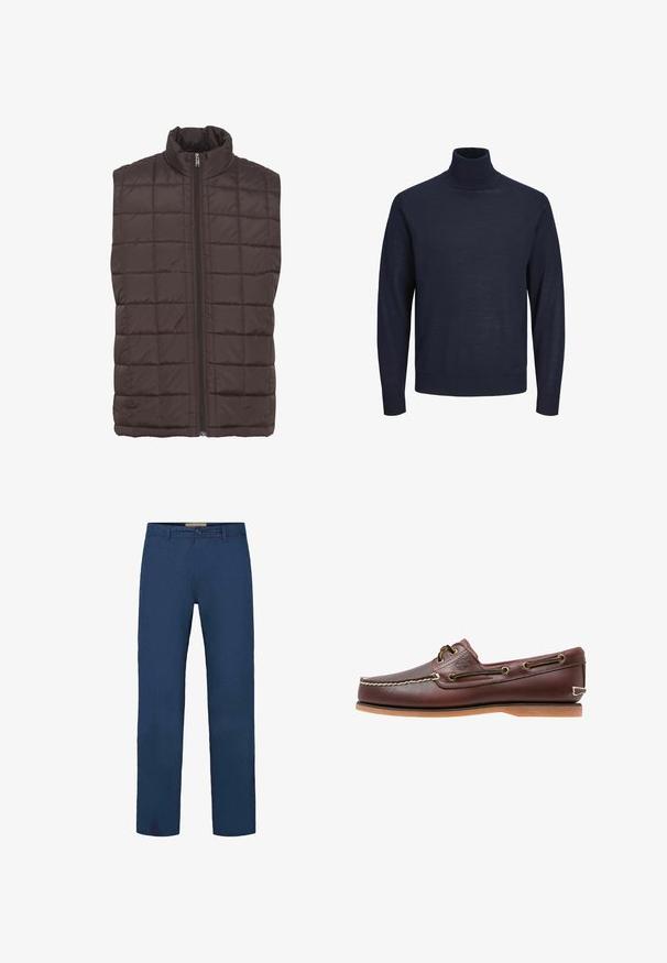 Gilet rembourré marron avec un col montant, motif matelassé et une fermeture éclair à l'avant. Fabriqué en matériau léger et isolant pour la chaleur.; Pull à col montant bleu marine en matière tricot léger. Doté de manches longues et de poignets et d'un ourlet côtelé. Design simple, de couleur unie.; Pantalon en coton bleu marine avec une coupe droite, doté d'une fermeture à boutons à l'avant et de poches latérales visibles. Texture lisse.; Chaussure bateau en cuir marron avec coutures blanches, détails de lacets et semelle en caoutchouc beige, vue de côté sur fond blanc.