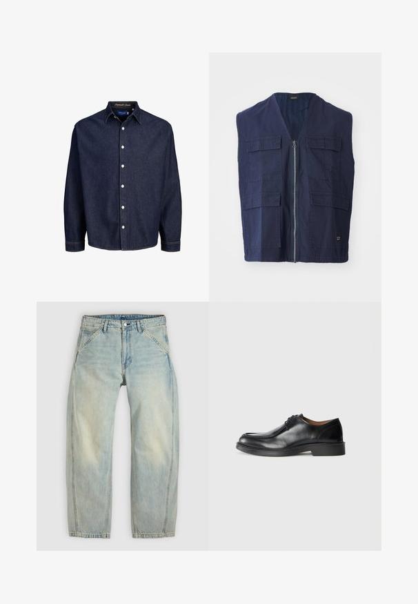 Chaleco sin mangas de color azul marino en algodón con cierre de cremallera, que cuenta con cuatro bolsillos frontales y un diseño de escote en V. Textura suave y detalles mínimos.; Camisa de mezclilla azul oscuro con frente abotonado, mangas largas y cuello clásico, que presenta botones blancos y costuras en contraste.; Vaqueros de pierna ancha en azul claro hechos de denim. Cuentan con cinco bolsillos, cierre de botón y zonas desgastadas para un aspecto envejecido.; Zapato de vestir de cuero negro con punta redonda, superficie lisa, detalles de cordones y suela de goma texturizada baja. Líneas limpias y diseño minimalista.