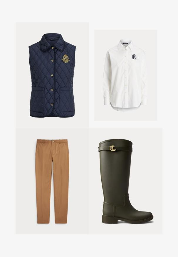 Chaleco sin mangas azul marino acolchado con botones dorados, dos bolsillos delanteros y escudo bordado en el pecho izquierdo bajo el cuello.; Camisa blanca de manga larga con botones, cuello puntiagudo y logo bordado en negro en el pecho izquierdo.; Pantalones de algodón marrón con un diseño ajustado, parte delantera plana y bolsillos estándar; textura suave y puños dobladillos.; Bota de lluvia alta de goma verde oscuro con tacón bajo y logo dorado RLL en la correa cerca de la parte superior.
