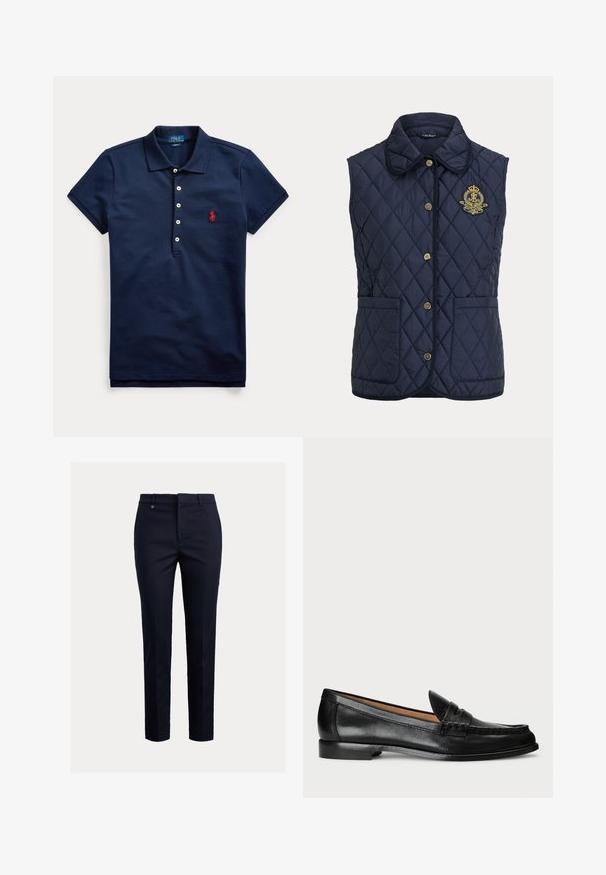 Chaleco sin mangas azul marino acolchado con botones dorados, dos bolsillos delanteros y escudo bordado en el pecho izquierdo bajo el cuello.; Polo azul marino de manga corta con cuatro botones blancos y logo bordado en rojo en el pecho, cuello doblado hacia abajo.; Pantalones chinos azul marino hechos de una mezcla de algodón con un ajuste cónico, parte delantera plana, bolsillos laterales y un único bolsillo trasero; presentan un pequeño logo dorado.; Lauren Ralph Lauren WYNNIE - Zapatos sin cordones - black