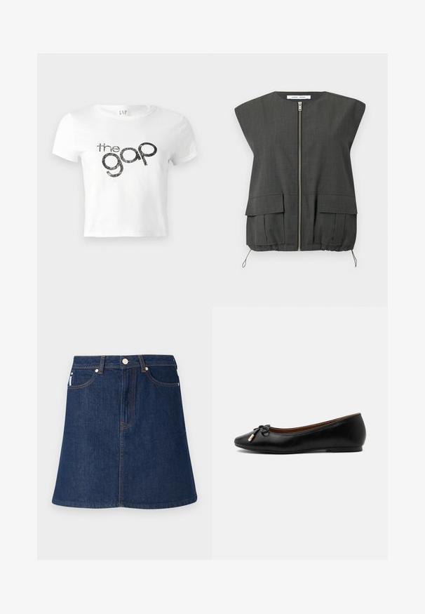 Veste sans manches grise avec fermeture éclair à l'avant, deux poches frontales, ourlet élastique et épaules légèrement structurées. Confectionnée en tissu texturé.; T-shirt court blanc en coton avec un logo graphique noir pailleté "the gap" à l'avant. Manches courtes et encolure ronde.; Jupe en denim bleu foncé à coupe évasée en A, dotée d'une fermeture éclair à l'avant, de cinq poches et de coutures orange contrastantes.; Ballerine plate en cuir noir avec un bout arrondi, un petit nœud aux extrémités dorées et un talon plat et bas sur fond gris.