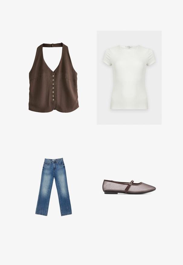 Veste marron sans manches avec un col en V profond et sept petits boutons sur le devant, fabriquée en tissu texturé.; T-shirt ajusté blanc uni à manches courtes avec encolure ronde, présenté sur un fond neutre.; Jean en denim bleu à jambes larges avec une finition délavée, cinq poches, couture visible, fermeture à boutons et à glissière, et coupe droite.; Ballerines en maille marron avec un bout rond, une semelle plate et une fine sangle réglable avec une boucle en métal sur le cou-de-pied.