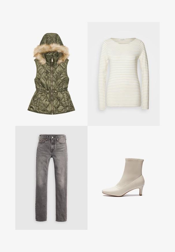 Gilet sans manches vert olive avec un design matelassé, fermeture éclair, taille à cordon de serrage et capuche amovible en fausse fourrure.; Chemise à manches longues rayée en mélange de coton crème et beige, avec un col rond et une silhouette ajustée. Texture douce avec des motifs subtils.; Jean slim gris délavé pour homme avec cinq poches, passants pour ceinture et fermeture par bouton, à plat sur un fond blanc.; Bottine blanche en cuir lisse avec un bout pointu et un talon court et effilé. Présente un design minimaliste et un empeigne sans coutures.