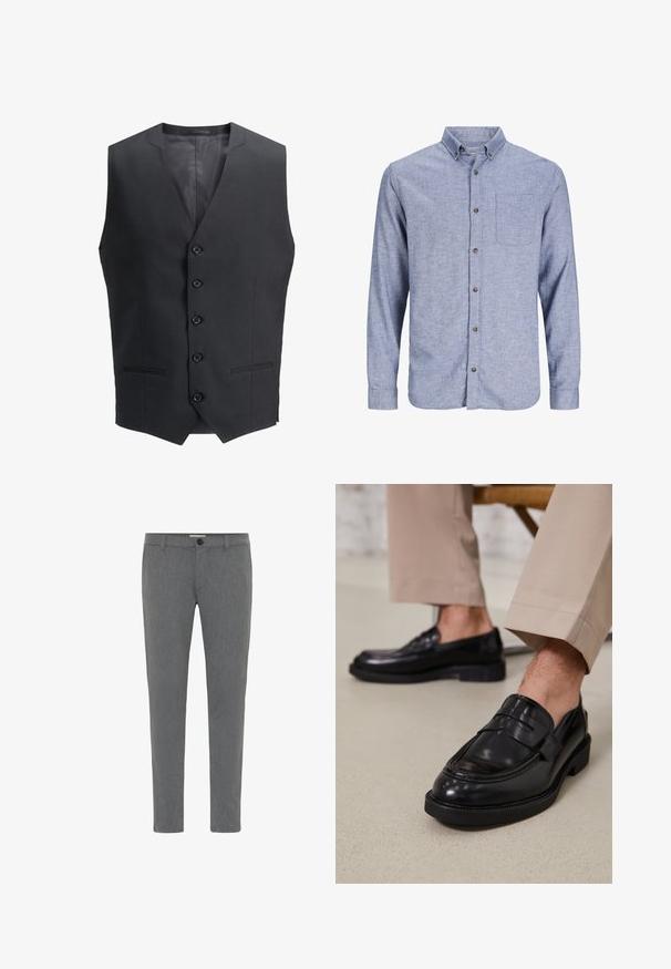 Sort vest med lige snit, udstyret med fem knapper og to sidelommer. Fremstillet af et glat stof med et minimalistisk design.; Lyseblå skjorte med krave, lange ærmer, brystlomme og brune knapper. Fremstillet af tekstureret stof.; Grå skræddersyede bukser lavet af struktureret stof, med en standard talje med bæltestropper, lynlåsfront og enkelt knappelukning.; Sorte lædermokkasiner med en glat overflade, der har en dekorativ rem og kontraststing, parret med beige bukser.