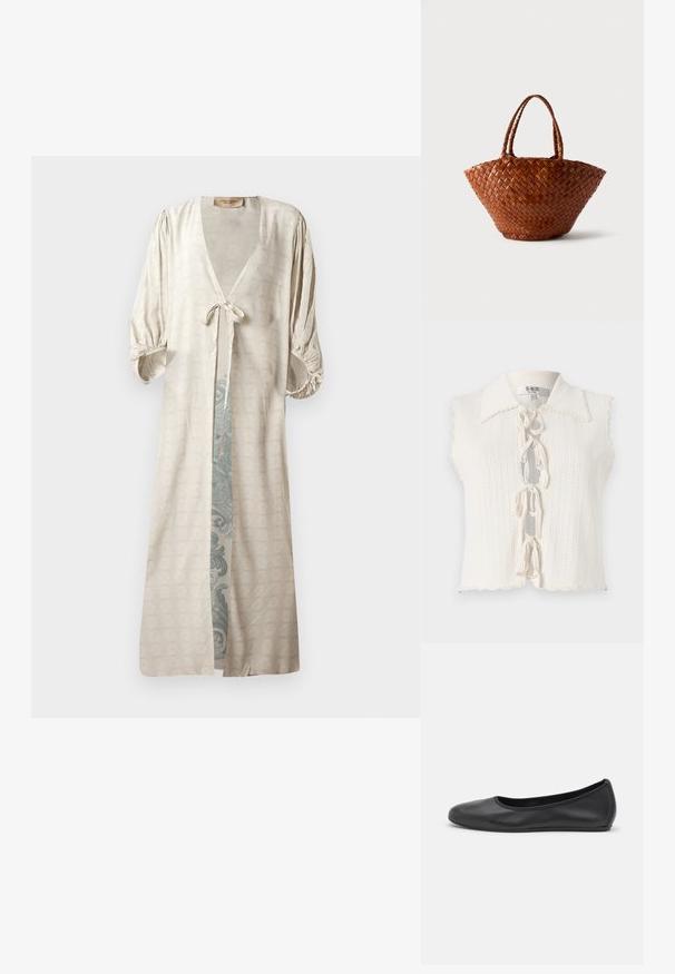 Valkoinen hihaton toppi, jossa on aaltoileva kaulus, teksturoidusta neuleesta valmistettu kuvio, edessä solmittava suljenta, ja lyhennetty helma.; Silkkinen, kermaisesti kimono-tyylinen aamutakki, jossa on syvä V-kaula-aukko, sidottu vyötärö ja puffitakit. Sisällä on upea teal-värinen koristeellinen kuosi.; Musta nahkainen ballerina, jossa on pyöristetty kärki, sileä pinta, minimaalinen ommelkoristelu ja joustava pohjamuotoilu.; Ruskea punottu nahkainen käsilaukku, jonka leveä pohja kapenee ylöspäin ja siinä on kaksi punottua kahvaa, esitetty vaalean yksinkertaisen taustan päällä.