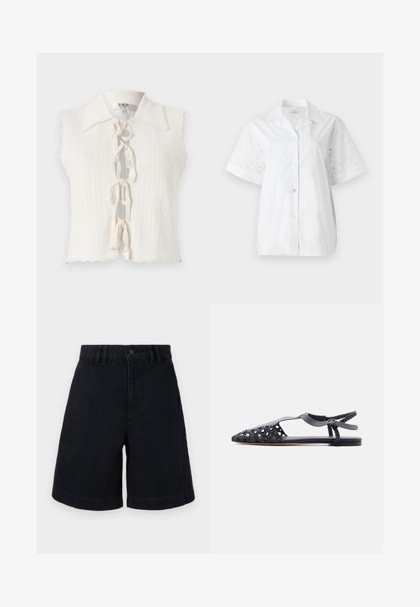 Haut sans manches blanc avec un col festonné, motif tricoté texturé, fermeture à l'avant avec des nœuds et une taille cropped.; Chemise blanche à manches courtes avec un devant à boutons. Le corps principal est en tissu uni, tandis que les manches présentent un design à œillets floraux.; Shorts en denim noir à coupe droite, avec une fermeture à bouton, des passants de ceinture et des ourlets roulés. Texture lisse avec des détails de couture subtils.; Sandale plate noire avec bout pointu tissé, bride en T, sangle de cheville tressée et fermeture à boucle sur fond blanc uni.
