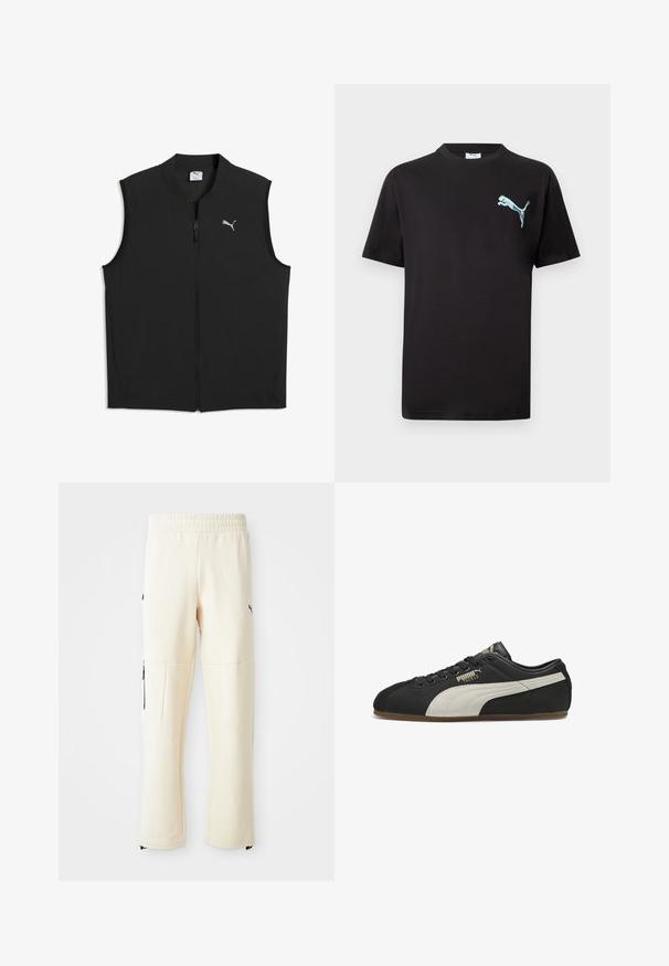 Chaleco sin mangas negro con cremallera frontal y pequeño logo blanco de Puma en el pecho izquierdo, hecho de tela ligera.; Camiseta negra de manga corta con un pequeño logotipo de Puma en azul claro en el pecho izquierdo sobre fondo blanco.; Pantalones de chándal de color beige claro, hechos de un tejido suave. Presentan un logo negro, bolsillos laterales con cremalleras y un corte relajado.; Zapatilla Puma de perfil bajo en negro con franja lateral beige, cordones negros y suela de goma, mostrando el lado exterior izquierdo con la marca "Puma Tackle".