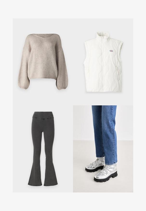 Gilet matelassé blanc avec un col montant, fermeture éclair à l'avant et deux poches latérales. Comprend un petit patch logo sur la zone gauche de la poitrine.; Pull en tricot beige avec un large col en V, des manches longues bouffantes et un ourlet court. La texture est épaisse et douce, avec un design simple.; Pantalons en denim noir évasés avec une taille large, présentant une texture lisse et des coutures détaillées le long des coutures.; Bottines argentées métalliques avec une semelle noire robuste, présentant un dessus rembourré et des lacets, associées à un jean droit bleu.