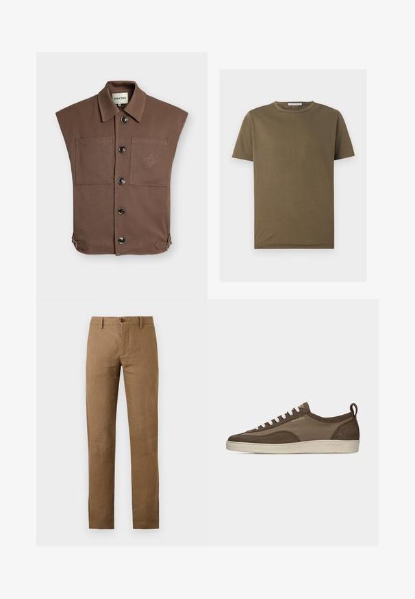 Veste marron sans manches à boutons, avec deux poches avant, un petit motif brodé sur la poche droite et des bretelles latérales réglables.; T-shirt vert olive à manches courtes avec col rond, ourlet droit et petite étiquette à l'intérieur du col au dos.; Pantalon marron à jambes droites avec passants de ceinture et fermeture boutonnée et zippée à l'avant sur fond uni.; Baskets basses marron à profil bas avec lacets blancs, semelle beige, dessus en tissu et daim, languette latérale et logo "Tiger of Sweden" en texte doré.