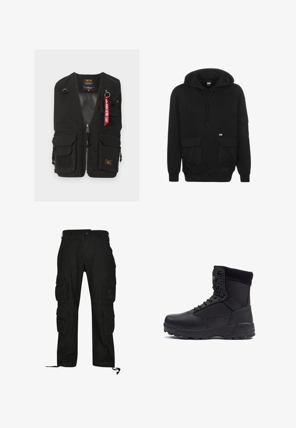 Schwarze Utility-Weste mit mehreren Fronttaschen, Reißverschluss, Netzfutter und rotem Schlüsselanhänger "Remove Before Flight" an der oberen rechten Tasche.; Schwarzer Kapuzenpulli aus weichem Stoff, mit einer Kordelzugkapuze, Fronttaschen und einem Logo-Patch auf der linken Brustseite.; Schwarze Cargo-Hosen aus strapazierfähigem Material, mit mehreren Seitentaschen, lässiger Passform und verstellbaren Fußgelenkriemen.; Schwarzer taktischer Stiefel mit einem glatten Lederoberteil und Stoffpaneelen, hoher Knöchelgestaltung, schnürbarem vorderen Teil und robustem Gummisohle.