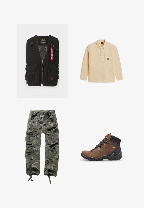 Sort arbejdsvest med flere forlommer foran, lynlåslukning, netfor indvendigt og rød nøglekæde med teksten "Remove Before Flight" på øverste højre lomme.; Beige skjortejakke med krave, tre forlommer og Tommy Jeans-logo på den øverste brystlomme.; Kamuflerede cargo-bukser lavet af bomuld, med flere lommer, elastiske manchetter og en løs pasform med snøre i taljen.; Mellemhøje vandrestøvler i brunt læder med sorte detaljer, der har metaløjer, holdbare snørebånd og tekstureret gummisåler.