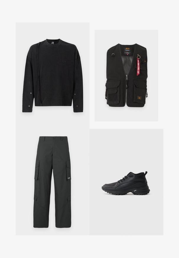 Schwarze Utility-Weste mit mehreren Fronttaschen, Reißverschluss, Netzfutter und rotem Schlüsselanhänger "Remove Before Flight" an der oberen rechten Tasche.; Schwarzer Pullover mit langen Ärmeln und Rundhalsausschnitt, mit einem dezenten Logo auf der Vorderseite und Druckknopfdetails an den Ärmeln, aus weichem Stoff gefertigt.; Schwarze gerade Cargo-Hosen mit seitlichen Klappentaschen, Druckknopfverschluss, Gürtelschlaufen und kleinem weißen Logo auf der Klappentasche rechts.; Schwarze Sportschuhe aus synthetischem Material. Ausgestattet mit einem gepolsterten Kragen, einer runden Spitze, einer robusten Laufsohle mit Profil und einem Markenlogo.
