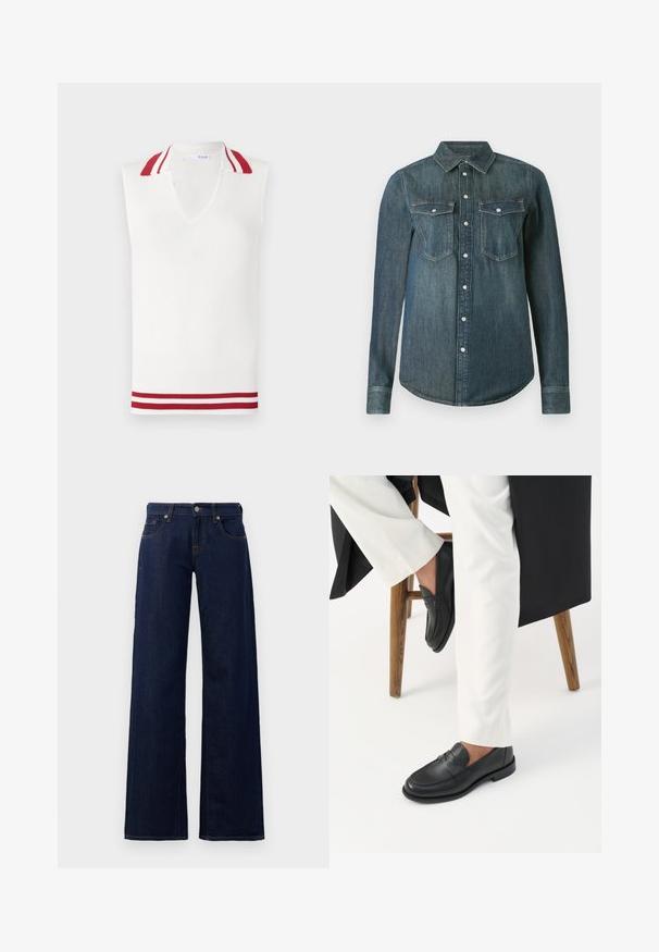 Ærmeløs hvid strikket top med V-udskæring, der har røde og hvide striber på kraven og kantene. Ribbet tekstur hele vejen igennem.; Langærmet mørkeblå denimskjorte med knaplukning foran og to brystlommer med klap og knapper.; Vide ben jeans i mørkeblå denim med standard fem-lomme design, kobber søm og en knaplukning i taljen.; Person iført sorte læder loafers og hvide bukser, siddende på en træskammel mod en hvid baggrund.