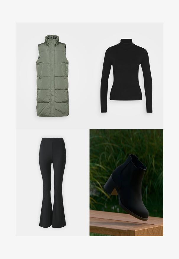 Ærmeløs puffervest i olivengrøn, med vandrette quiltede sektioner, høj krave og to forlommer. Glat, let materiale.; Sort turtleneck sweater med lange ærmer, lavet af et glat strikket stof. Har et tætsiddende design og en ribbet krave.; Sorte buks med flared design lavet af strækbart stof. Har en høj talje og et glat, tætsiddende design, der flared ud fra knæet og ned.; Sort ankelstøvle med blokhæle svævende over en træbænk, med grønt græs i baggrunden.