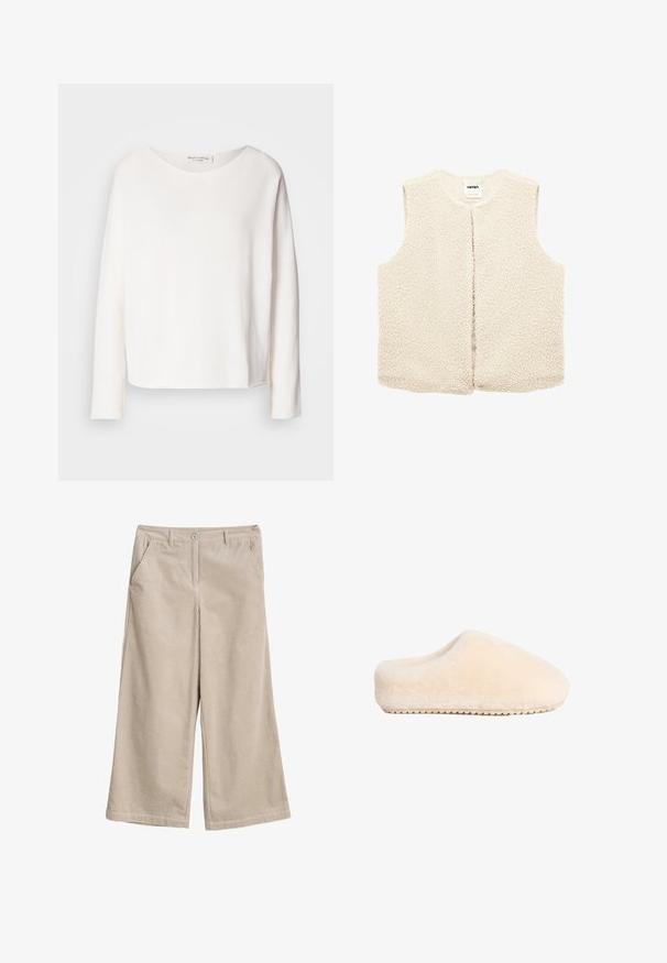 Cremefarvet ærmeløs shearling vest med rund halsudskæring og åben front, i et struktureret, blødt fleece materiale.; Langærmet, rundhalset top i blødt, let hvidt stof med en afslappet pasform. Har en ren kant og ingen synlig hardware.; Beige kordfløjl brede bukser med et tekstureret mønster, der har to forlommer og en enkelt knapåbning.; Beige, bløde, fuzzy tøfler med en solid flad sål og rund tå, der har et sømløst design og en blød tekstur.