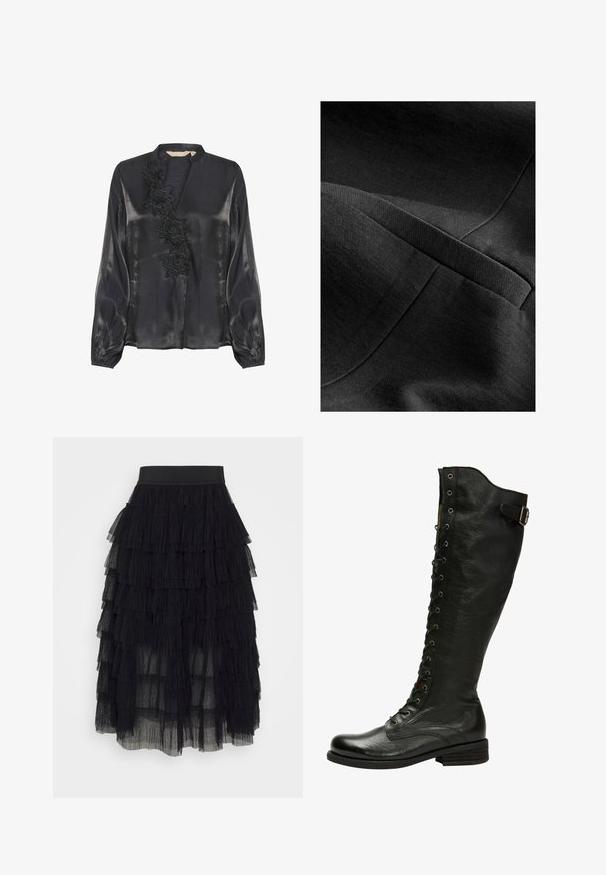 Tela negra con una superficie texturizada, que presenta secciones dobladas y un brillo sutil. El material parece denso y estructurado.; Culture CUFIOLA - Blusa - black; Falda de tul negra con volantes en capas, cintura elástica y textura transparente. Diseño fluido con longitudes de volantes variables en toda la falda.; Bota de cuero negro hasta la rodilla con cordones en el frente, ojales de plata y hebilla lateral. Presenta un acabado texturizado y tacón apilado.
