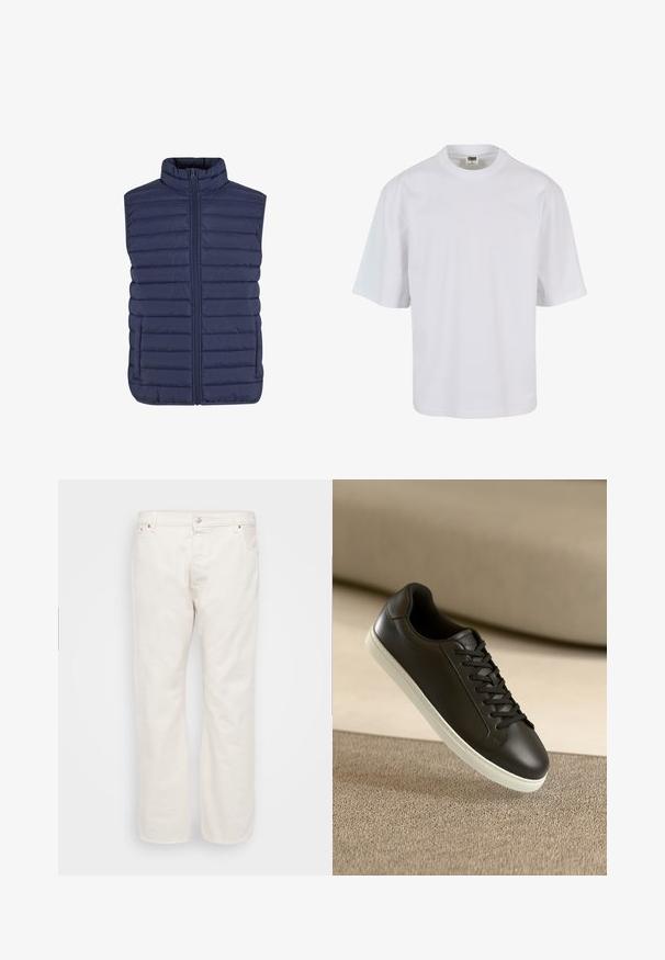 Navy blauwe mouwloze puffer vest met een hoge kraag, horizontaal gestikt patroon en een rits aan de voorkant. Zacht, lichtgewicht materiaal.; Witte, korte mouw t-shirt van katoen. Beschikt over een ronde hals en een losse pasvorm met een gladde textuur en geen zichtbare patronen of graphics.; Witte denim jeans met een rechte pasvorm, voorzien van een knoopsluiting, riemlussen en twee zijzakken. Gladde textuur, minimalistische details.; Zwarte leren sneakers met een witte rubberen zool en zwarte veters, gepositioneerd tegen een beige stoffen oppervlak en achtergrond.
