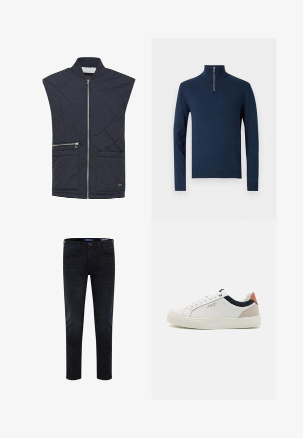 Veste matelassée marine avec col montant, fermeture éclair frontale complète, deux poches avant et détails de fermeture éclair contrastants. Tissu léger.; Pull en maille bleu marine, col zippé à quart, manches longues, bords-côtes aux poignets et à l'ourlet, tissu tricoté doux avec une texture lisse.; Jean denim bleu foncé avec une coupe ajustée, coutures visibles, design standard à cinq poches et une fermeture par bouton à la taille.; Baskets en cuir blanc avec un design bas, accent en tissu bleu marine sur le col et onglet de talon en daim rose pâle. Semelle en caoutchouc.