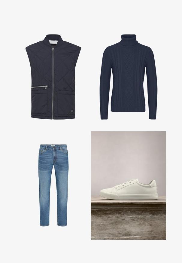 Marineblauer gesteppter Weste mit Stehkragen, durchgehendem Reißverschluss, zwei Fronttaschen und kontrastierenden Reißverschlussdetails. Leichtes Material.; Dunkelblauer Rollkragenpullover mit Kabelstrickmuster, mit gerippten Bündchen und Saum, aus einem strukturierten Strickmaterial gefertigt.; Hellblaue Jeans aus Denim mit klassischem geradem Bein, ausgestattet mit fünf Taschen, Metallknopfverschluss und leichtem Verblassen des Stoffes.; Weiße Schnürsneaker, die über einer Holzbank mit grünem Laub im Hintergrund schweben und das Schuhdesign sowie die Textur zeigen.