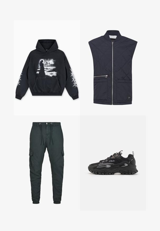 Marineblauer gesteppter Weste mit Stehkragen, durchgehendem Reißverschluss, zwei Fronttaschen und kontrastierenden Reißverschlussdetails. Leichtes Material.; Schwarzer Hoodie mit einem vorderen Grafikdruck einer Figur vor einem wolkigen Hintergrund. Enthält eine Kängurutasche und Sternmuster auf den Ärmeln.; Cargo-Hosen in dunkelgrün, aus einem Stoff mit glatter Textur, mit Kordelzugbund und zwei seitlichen Cargo-Taschen.; Schwarze Sneaker mit einem Obermaterial aus Mesh und Synthetik, Gummisohle, abgerundeter Zehenpartie und reflektierenden Akzenten an den Seiten und Schnürsenkeln.