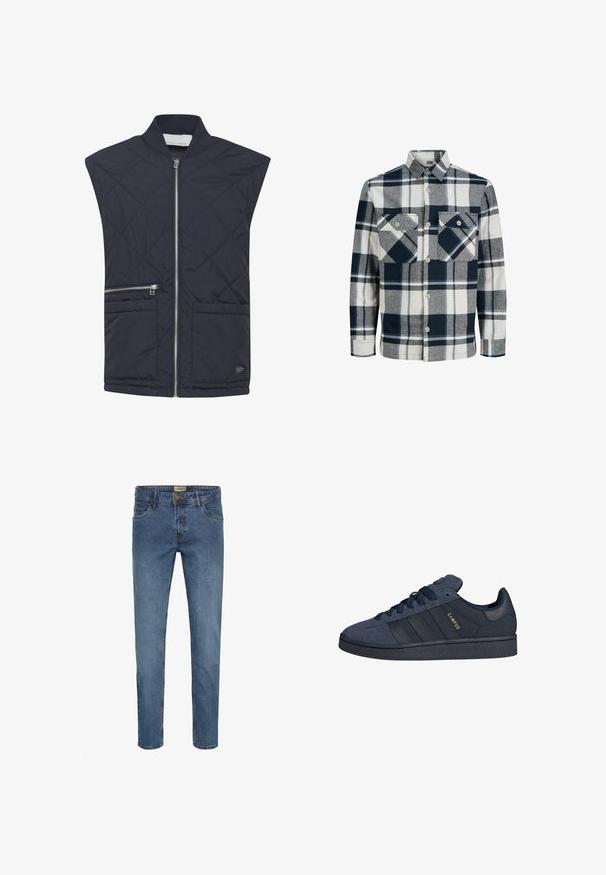Chaleco acolchado de color navy con cuello alzado, cremallera frontal completa, dos bolsillos frontales y detalles de cremallera en contraste. Tejido ligero.; Camisa de franela a cuadros en colores marino, blanco y gris. Cuenta con dos bolsillos en el pecho y un cuello clásico. Tejido duradero y cierre de botones.; Jeans de mezclilla azul con un ajuste Slim, cinco bolsillos, cierre de botón y cremallera, y costuras en contraste. Textura suave con un acabado desgastado.; Zapatilla negra Adidas Campus con parte superior de ante y malla, franjas negras, cordones y texto dorado "CAMPUS" en el lateral.