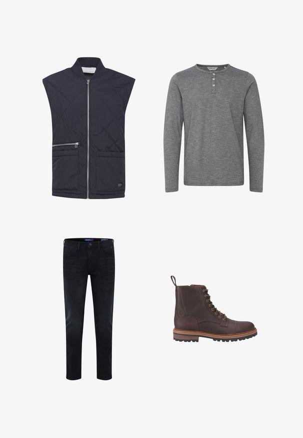 Marineblauer gesteppter Weste mit Stehkragen, durchgehendem Reißverschluss, zwei Fronttaschen und kontrastierenden Reißverschlussdetails. Leichtes Material.; Graues Langarm-Henley-Shirt aus weichem Stoff, mit Rundhalsausschnitt, drei Knöpfen an der Vorderseite und subtiler Textur.; Dunkelblaue Jeans aus Denim mit schmaler Passform, sichtbaren Nähten, Standard-Design mit fünf Taschen und Knopfleiste an der Taille.; Braune Leder-Stiefeletten mit Schnürung, strukturierter Oberfläche, kontrastierenden beigen Sohlen und Metallösen. Verfügen über eine Lasche zum einfachen An- und Ausziehen.