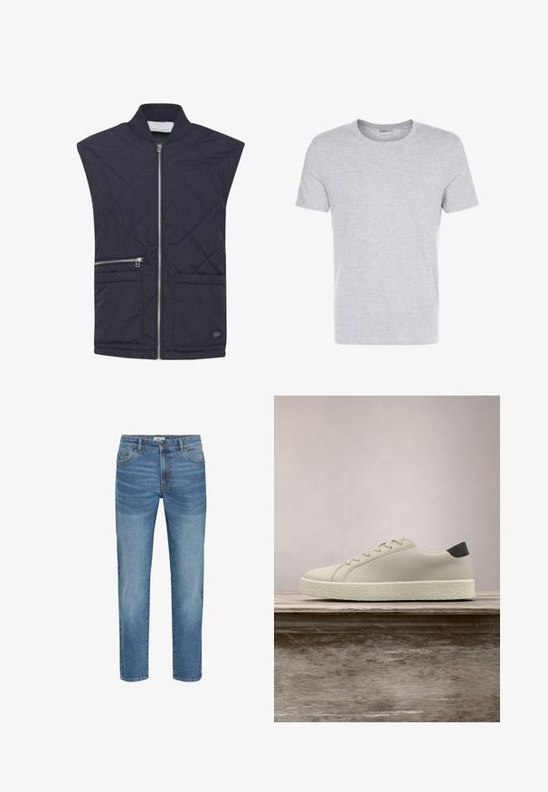 Marineblauer gesteppter Weste mit Stehkragen, durchgehendem Reißverschluss, zwei Fronttaschen und kontrastierenden Reißverschlussdetails. Leichtes Material.; Graues Baumwoll-T-Shirt mit Rundhalsausschnitt, kurzärmlig und schlichtem Design, das eine weiche, glatte Textur aufweist und keine sichtbaren Muster oder Verzierungen hat.; Hellblaue Jeans aus Denim mit klassischem geradem Bein, ausgestattet mit fünf Taschen, Metallknopfverschluss und leichtem Verblassen des Stoffes.; Weißer Sneaker mit strukturierter Sohle und schwarzem Absatzdetail, schwebend über einer Holzbank mit hohem grünem Gras im Hintergrund.