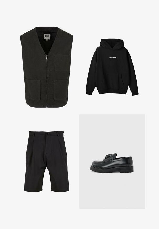 Sort ærmeløs vest lavet af økologisk bomuld, med V-hals, lynlåslukning foran og to sidelommer. Minimalistisk design.; Sort oversize hoodie med front kangurulomme og hvidt "PEGADOR"-logo centreret på brystet, med stor hætte og ribstrikkede manchetter.; Sorte shorts lavet af et glat stof med skræddersyet design, der har en frontknaplukning, læg og sidelommer.; Sort læderloafer med kvaster, tyk gummisål og lav hæl, vist i sideprofil på en ensfarvet baggrund.