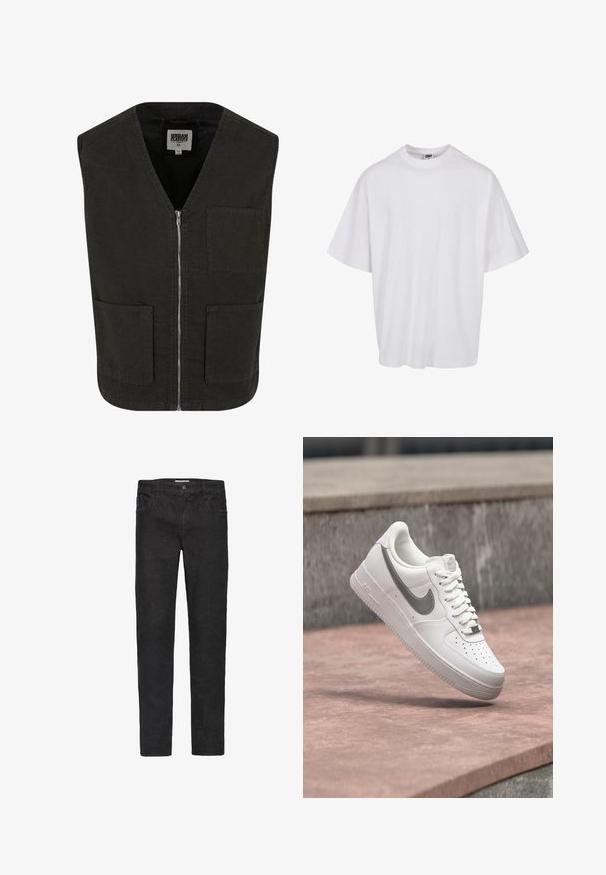 Sort ærmeløs vest lavet af økologisk bomuld, med V-hals, lynlåslukning foran og to sidelommer. Minimalistisk design.; Hvid bomulds t-shirt med rund hals og korte ærmer, der har en løs pasform og subtile syningsdetaljer.; Sorte denim jeans med lige ben. Funktioner inkluderer fem lommer, knaplukning og diskrete syninger langs sømmene.; Hvid Nike Air Force 1 sneaker med gråt swoosh-logo svævende over en stensurface og en grå stenvæg i baggrunden.