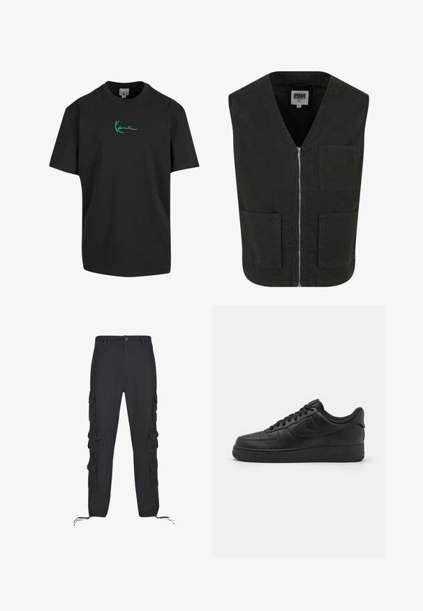 Sort ærmeløs vest lavet af økologisk bomuld, med V-hals, lynlåslukning foran og to sidelommer. Minimalistisk design.; Sort bomulds T-shirt med korte ærmer og rund hals. Har grøn "Kanye" signatur grafik foran. Ensfarvet bagpå og afslappet pasform.; Sorte cargo bukser lavet af bomuld, med flere sidelommer, elastiske snore ved manchetterne og en knaplukning i taljen.; Nike Sportswear AIR FORCE 1 07 FLYEASE - Sneakers - black
