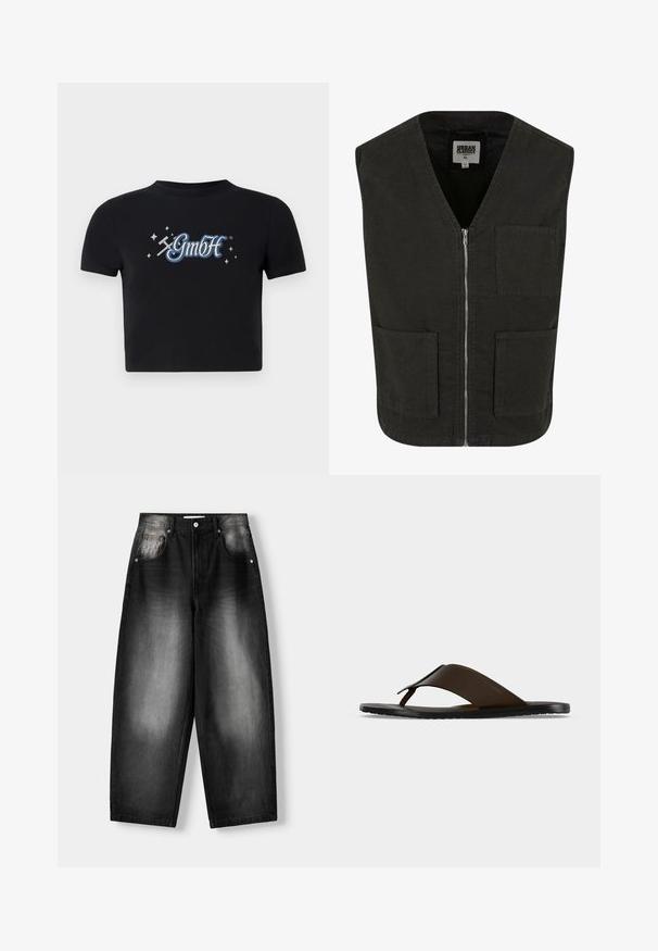 Zwarte mouwloze vest gemaakt van biologisch katoen, met een V-hals, een ritssluiting aan de voorkant en twee zijzakken. Minimalistisch ontwerp.; Zwart cropped t-shirt van katoen met een ronde halslijn, voorzien van een blauw-wit "GmbH" logo omringd door kleine sterren, bedrukt op de voorkant.; Zwarte denim jeans met een wijde pijp, met een vervaagde gradient van donker naar licht, vijf zakken en een knoopsluiting.; Donkerbruine leren teenslipper met brede enkelband en zwarte platte zool, zijaanzicht op een grijze achtergrond.