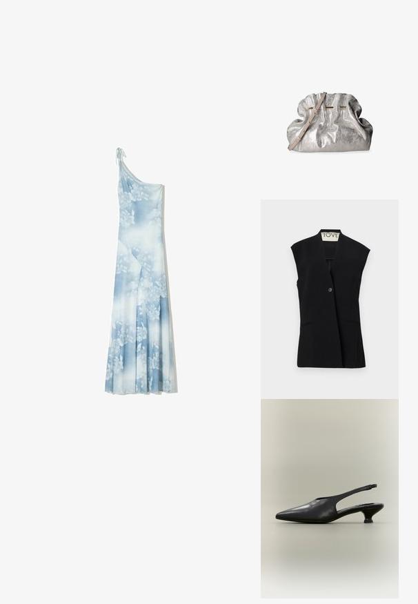 TOVE RIAN - Vest - black; Blå blomster maxi kjole lavet af flydende stof, med asymmetrisk design på den ene skulder, delikat bånddetalje og subtilt falmende mønster.; Sort læder slingback-sko med spids tå og lav kittenhæl på neutral baggrund.; Sølvmetalisk håndtaske med blød, rynket tekstur og justerbar beige rem, der er draperet over toppen med guldfarvet hardware-detalje.