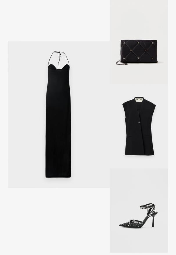 TOVE RIAN - Chaleco - black; Vestido maxi negro con un corpino ajustado, lazos en el cuello halter y una textura lisa y suave. Presenta una silueta recta sin adornos.; Zapato de tacón alto negro con punta afilada, adornos con tachuelas, correa en el tobillo y tela texturizada. Presenta un lazo decorativo y detalles metálicos.; Clutch de satén negro acolchado con tachuelas piramidales plateadas, correa de cadena, forma rectangular y textura suave. Dimensiones de 10 cm x 18 cm x 4 cm.