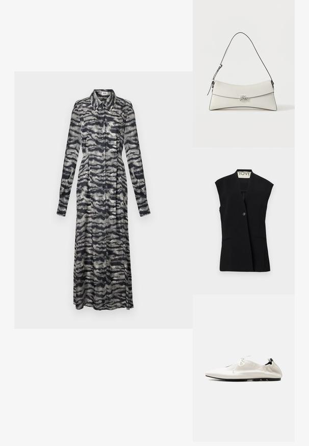 TOVE RIAN - Bodywarmer - black; Lange gemusterde jurk in zwart en grijs met een kraag, lange mouwen, knoopsluiting en een vloeiende pasvorm, met een golvend abstract ontwerp.; Witte minimalistische leren instapschoen met ingestoken hiel, vetersluiting en dunne zwarte zool op een effen achtergrond.; Witte leren schoudertas met gebogen flap, zwarte rand, verstelbare riem en zilveren decoratieve gesp op een effen achtergrond.