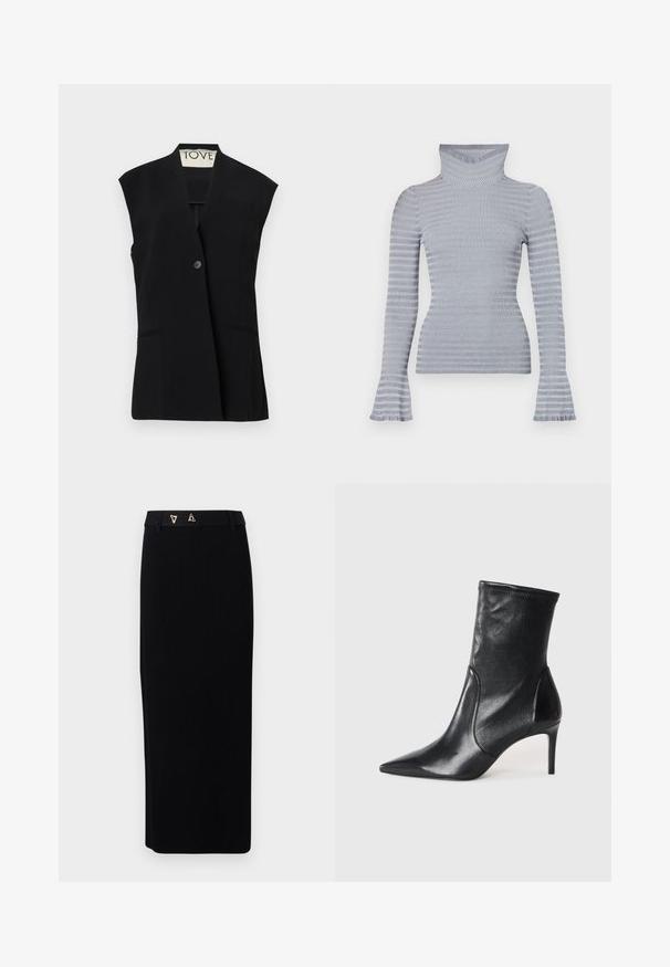 TOVE RIAN - Weste - black; Helles grau-weiß gestreiftes, geripptes Rollkragenpullover mit langen Ärmeln und dezent ausladenden Bündchen vor einem weißen Hintergrund.; AERON FORUM - Bleistiftrock - black; Schwarze Stiefeletten aus glattem Leder, mit einer spitzen Zehe, schmalem Schaft und schlanker, hoher Ferse. Minimalistisches Design ohne sichtbare Beschläge.