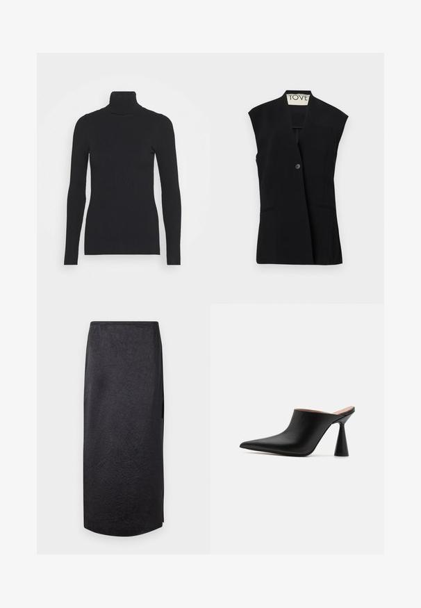 TOVE RIAN - Bodywarmer - black; Zwarte geribde coltrui met lange mouwen en een aansluitende pasvorm. De textuur is glad met een horizontaal ribpatroon.; Zwarte midi-rok met een gekreukt textuur, rechte snit en zijsplit. Materiaal lijkt lichtgewicht. De zoomlijn is iets afgerond.; Zwarte leren muiltjes met een spitse neus en een unieke kegelvormige hak. Glad oppervlak en minimalistisch ontwerp, open achterkant voor gemakkelijk aan- en uittrekken.