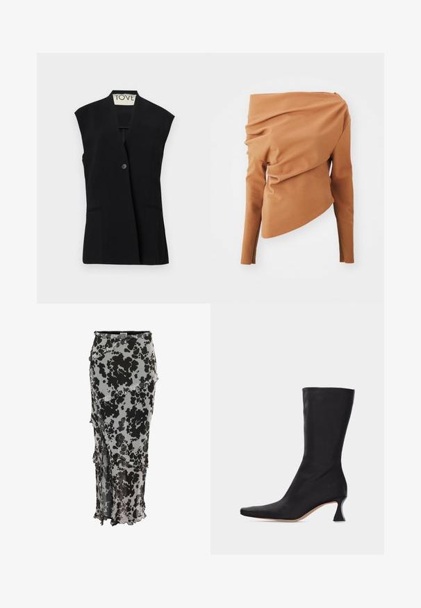 TOVE RIAN - Liivi - black; A.W.A.K.E. MODE OFF SHOUDER ASYMMETRIC LONGSLEEVE - Pusero - ginger; Musta ja harmaa painettu midi-hame läpinäkyvässä kankaassa, jossa on röyhelömuotoilu ja epäsymmetrinen helma. Kuvio muistuttaa eläimen karvoja.; Musta nahkasaapas, joka ulottuu keskivarttaan, jossa on kärjistetty kärki ja kaareva matala korko, yksinkertaisen vaalean taustan edessä.