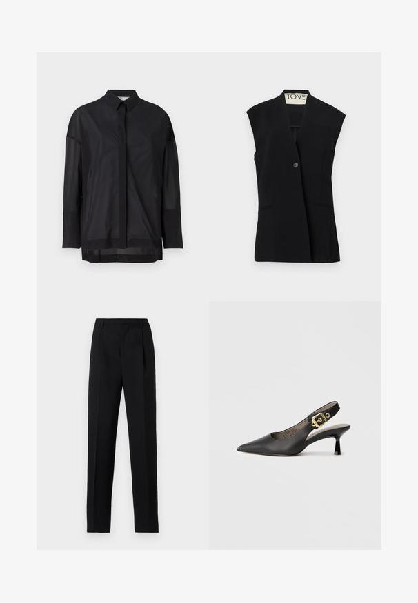 TOVE RIAN - Weste - black; Schwarzes Langarmshirt mit Knopfkragen, transparenter Stoff, gerader Schnitt und subtiler Textur sowie einem frontalen Knopfdesign.; Schwarze, maßgeschneiderte Hose mit geradem Bein, vorne mit Bügelfalten und einer glatten Stoffstruktur. Schlichter Hosenbund ohne Verzierungen.; Schwarzer Slingback-Highheel mit einer spitzen Zehe, glattem Ledertextur und einem goldfarbenen Schnallendetail am Riemen.