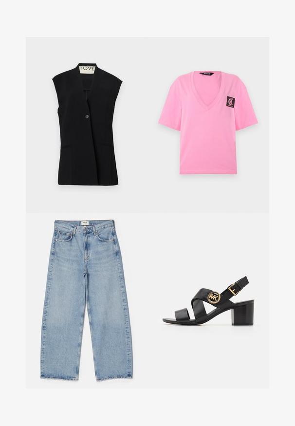 TOVE RIAN - Chaleco - black; Camiseta rosa de manga corta con escote en V, con un parche negro del logo Just Cavalli en el pecho izquierdo y una etiqueta de la marca a juego dentro del cuello.; Agolde Vaqueros baggy - light-blue denim; Sandalia de cuero negra con correas entrelazadas y un logo redondo de MK. El tacón es de altura media, proporcionando estabilidad y un diseño elegante.
