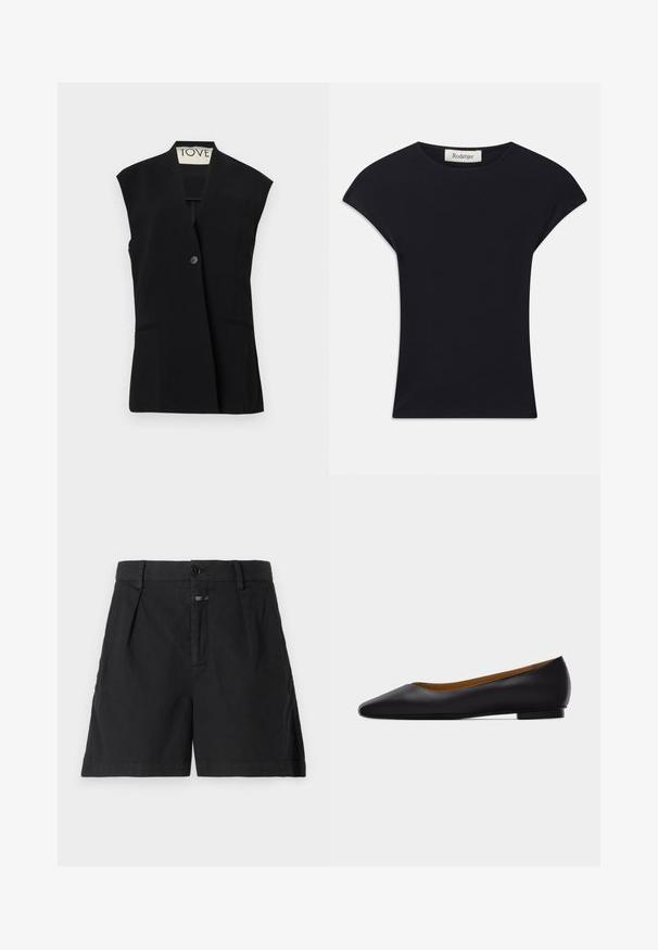 TOVE RIAN - Veste sans manches - black; Haut noir à manches courtes en tissu doux, avec un col rond et une coupe ajustée, ornée de légers accents d'épaule. Étiquette visible.; CLOSED REVYL - Short en jean - black; Chaussure plate en cuir noir à bout pointu avec talon bas et finition lisse, vue de côté sur un fond gris clair.
