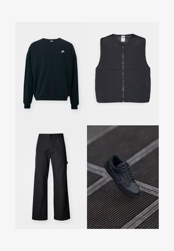 Musta pehmeast materjalist vest, millel on lukuga esikinnitus, ümar kaelus ja sile, matt viimistlus. Suunatud ilma varrukateta, et hõlbustada kihilist riietumist.; Must mustaga Nike pikendatud varrukatega, ümar kaelus ja soonikkoes mansetid. Vasakul rinnal on valge Nike logo.; Mustad, laiad püksid, mis on valmistatud vastupidavast kangast. Omavad nupuga sulgemist ja küljetaskuid. Sile tekstuur ja puhas disain.; Mustmustest Nike tennis jalan mustast mustasturg. Rondoe metallin unned on puasitugen. Draagest ja väheline brändimine.