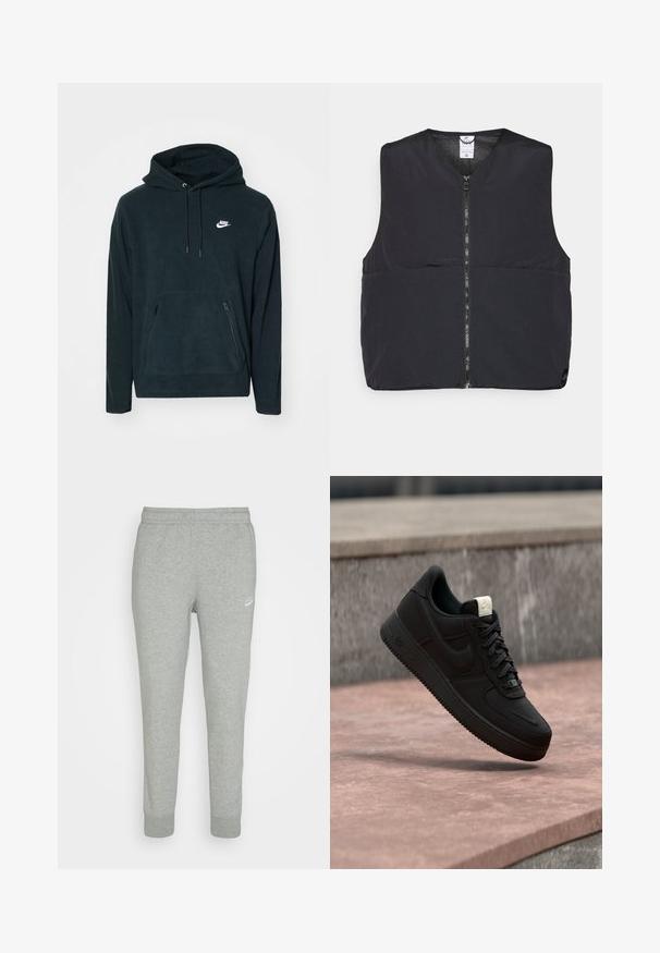 Schwarze gepolsterte Weste mit einem Reißverschluss vorne, einem runden Ausschnitt und einer glatten, matten Oberfläche. Ohne Ärmel für einfaches Layering gestaltet.; Schwarzer Fleece-Hoodie mit einer vorderen Kängurutasche und zwei seitlichen Reißverschlusstaschen. Enthält eine Kapuze mit Kordelzug und ein weißes Nike-Logo.; Graue Sweatpants aus weichem Stoff, mit schmal zulaufendem Bein, elastischem Bund und kleinem weißen Nike-Logo am linken Oberschenkel.; Schwarzer Nike Air Force 1 Sneaker, der über einer rosa Betonkante mit grauem Stein-Hintergrund schwebt und Seiten- sowie Oberseiten-Details zeigt.