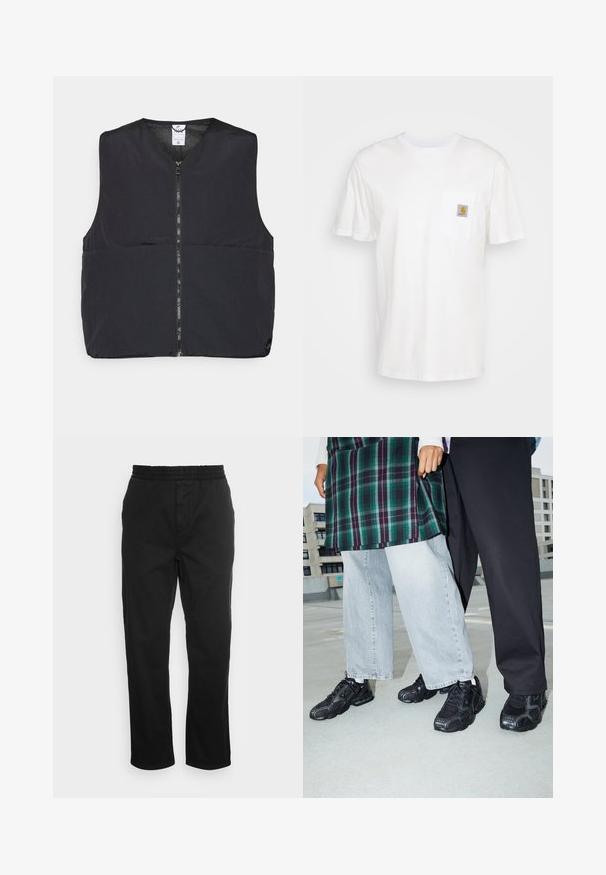 Schwarze gepolsterte Weste mit einem Reißverschluss vorne, einem runden Ausschnitt und einer glatten, matten Oberfläche. Ohne Ärmel für einfaches Layering gestaltet.; Weißes Baumwoll-T-Shirt mit kurzen Ärmeln, einer Brusttasche und einem kleinen quadratischen Logopatch in Orange und Weiß auf der Tasche.; Schwarze Baumwollhose mit elastischem Bund, geraden Beinen und seitlichen Taschen. Glatte Textur ohne Muster oder Akzente.; Schwarze Sportschuhe mit Mesh- und Gummielementen. Kombiniert mit hellgrauen weiten Jeans und einem karierten grünen Oberteil. Flacher Hintergrund.