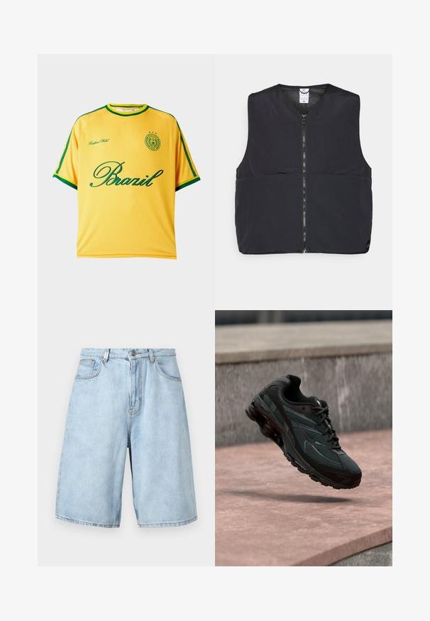 Gilet rembourré noir avec fermeture éclair à l'avant, encolure arrondie et finition lisse et mate. Conçu sans manches pour un superposition facile.; Maillot de sport jaune à manches courtes avec bordure verte, inscription "Brazil" en vert, et un petit emblème circulaire avec des étoiles et du texte sur la poitrine.; Shorts en denim bleu clair avec une coupe décontractée, dotés de deux poches avant, d'un zip et de coutures apparentes.; Baskets athlétiques noires avec une semelle intercalaire à coussin d’air visible flottant au-dessus d’une surface en pierre rose avec un mur en pierre gris en arrière-plan.
