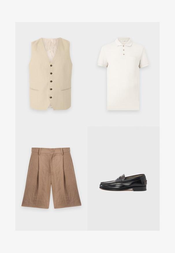 Gilet beige pour homme avec cinq boutons foncés sur le devant et deux poches passepoilées horizontales, présenté sur un fond clair.; Polo à manches courtes couleur blanc cassé avec trois boutons beiges et un col, arborant un logo discret "Tiger of Sweden" sur la poitrine gauche.; Shorts beige coupés sur mesure, longueur genou, avec passants de ceinture, plis à l'avant, poches latérales et taille ajustée sur fond blanc.; Mocassins en cuir noir avec un design de style mocassin, présentant une bande décorative et un détail de couture sur le dessus. Talon bloc bas.