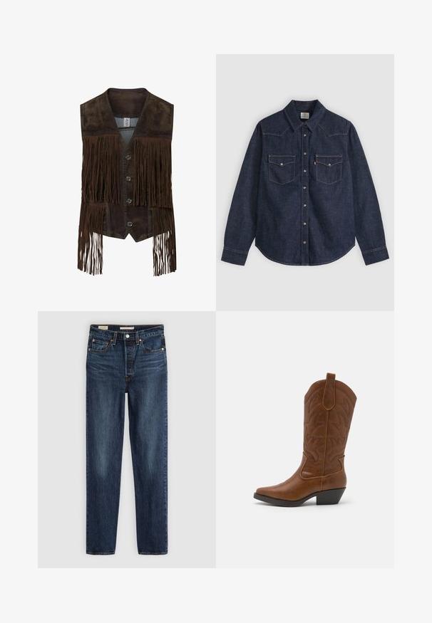 Donkerbruine suède vest met lange franjes, V-hals en vier knopen aan de voorkant. Geen zichtbare personen of achtergrond.; Donkerblauw denim overhemd met lange mouwen, spitse kraag, voorsluiting met drukknopen en twee borstzakken met knopen en contrasterende stiksels.; Diepblauwe rechte jeans met vijf zakken, knoop- en ritssluiting, en contrasterende stiksels.; ONLY SHOES ONLBRONCO - Cowboy-/Bikerlaarzen - brown