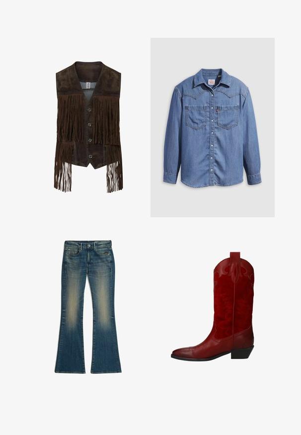 Donkerbruine suède vest met lange franjes, V-hals en vier knopen aan de voorkant. Geen zichtbare personen of achtergrond.; Lichtblauw denimshirt met een puntkraag, twee borstzakken en drukknopen. Voorzien van een westernstijl yoke-ontwerp.; Blauwe denim flare jeans met vervaagde voorste dijgebieden, vijf zakken, knoop en riemlussen, plat gelegd op een witte achtergrond.; Rode cowboylaars van een combinatie van glad leer en textuur-suède, met decoratieve stiksel en een lage hak.